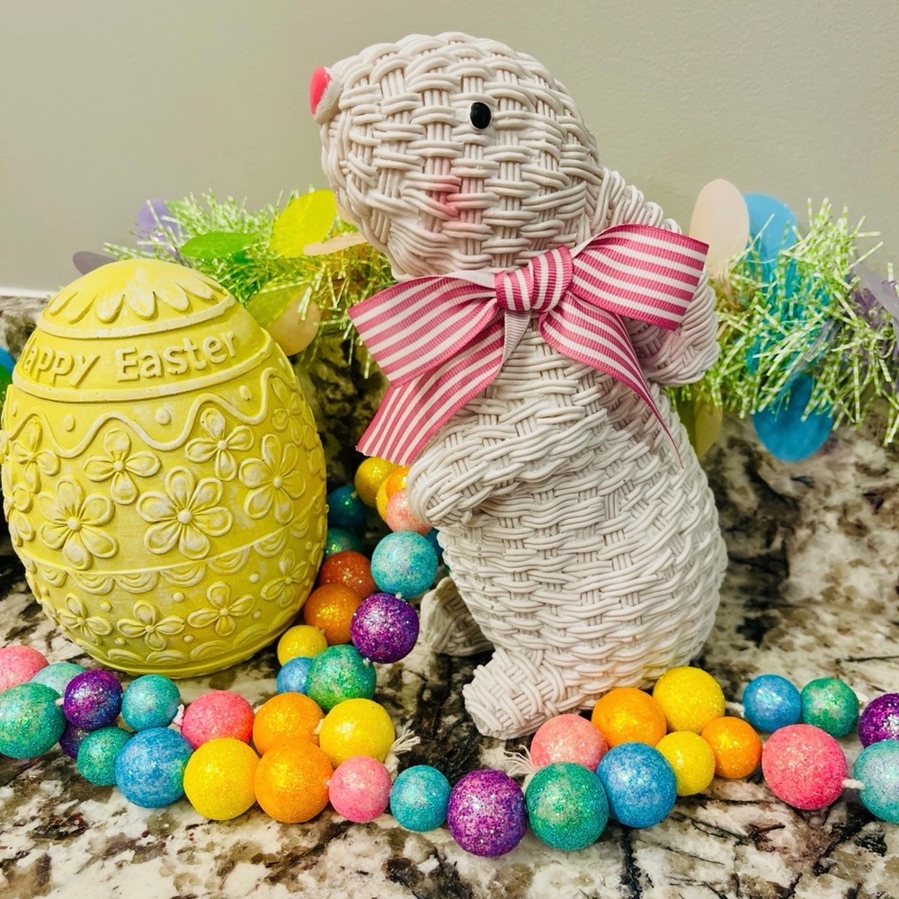 White Wicker Bunny with Pink Bow